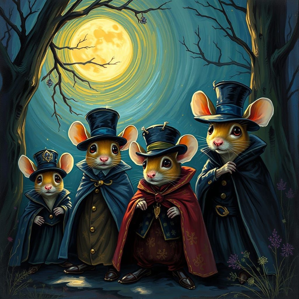 Mice in Whimsical Post-Impressionist Forest Setting