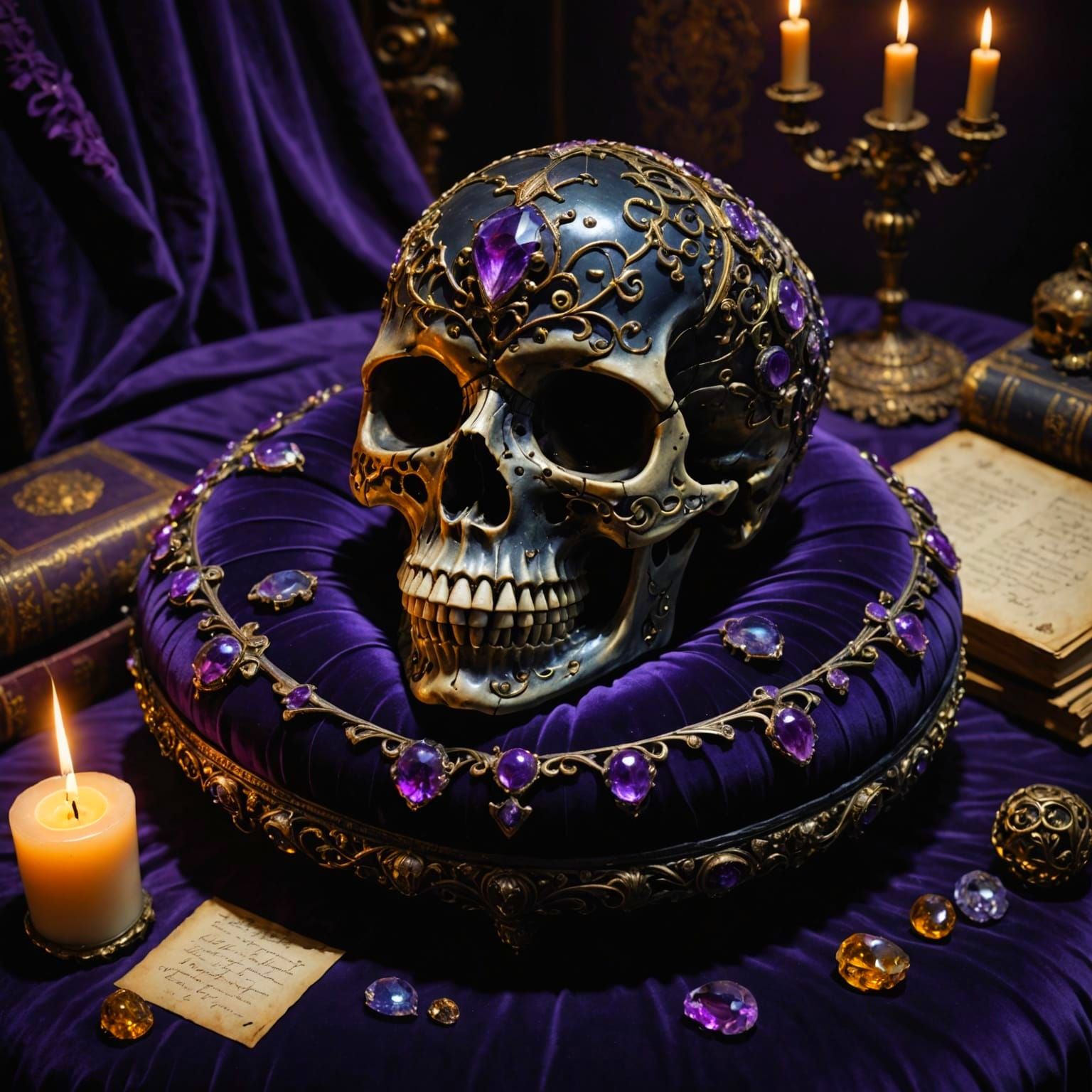 Obsidian Skull with Amethyst Crystals