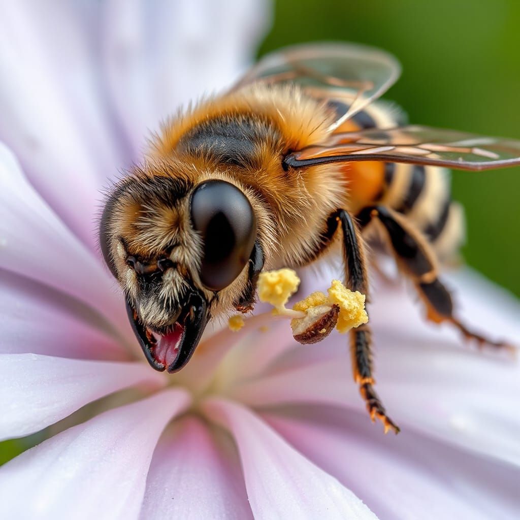 Macro Bee Eye Captures Pollen Collection