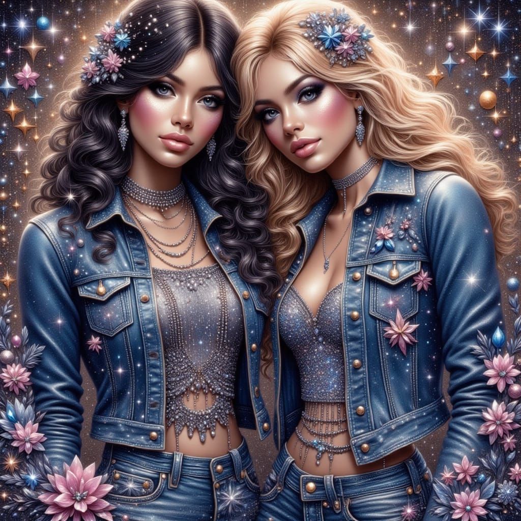 Teenagers in the seventies, denim total look and glitter make up, long hair, hyper detailed <lora:Pearls and glitter:1.0...