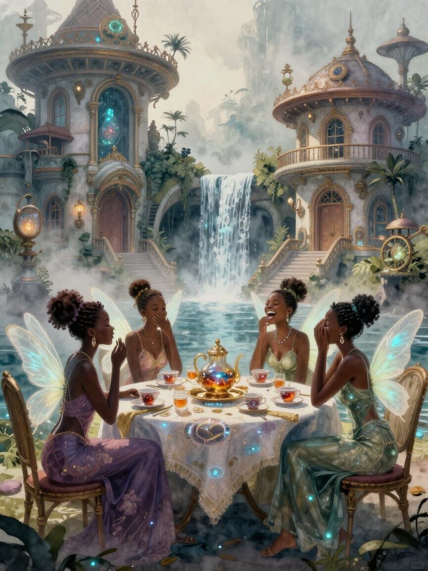 Afrofuturist Fairies Gather for Tea in Watercolor Landscape