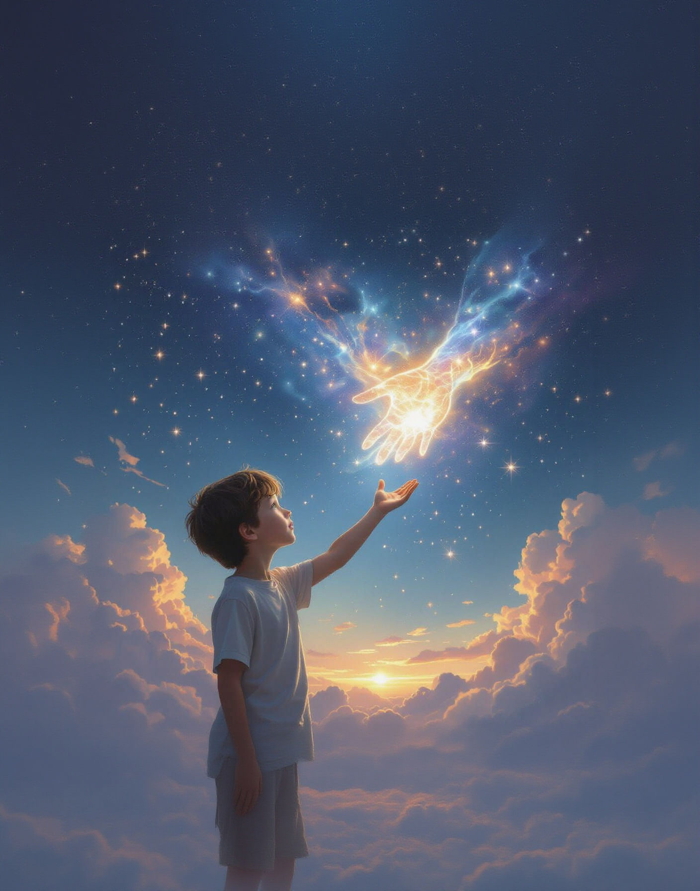Boy Reaches for Cosmic Hand in Dreamy Book Cover Art