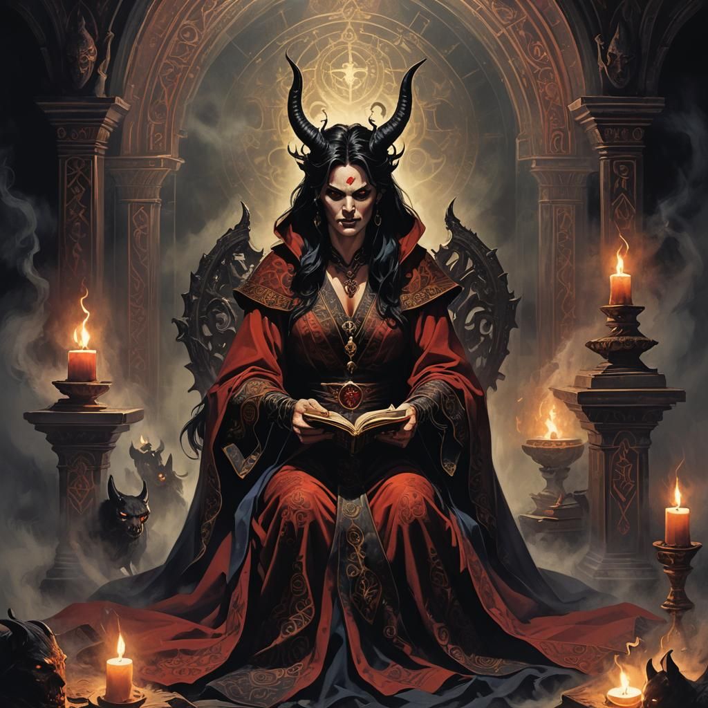 Demonic Priestess Reading Necronomicon in Anime Style