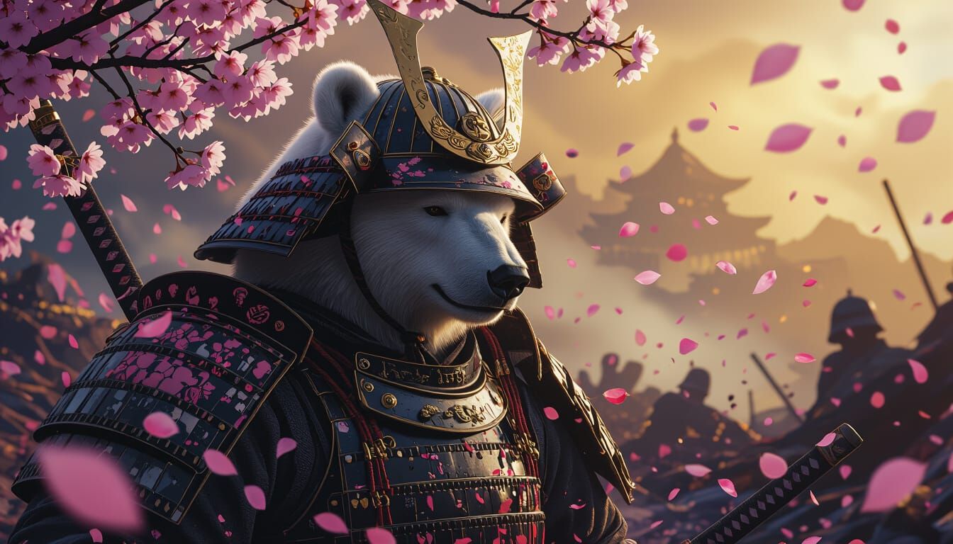 Samurai Polar Bear with Cherry Blossoms in Battlefield