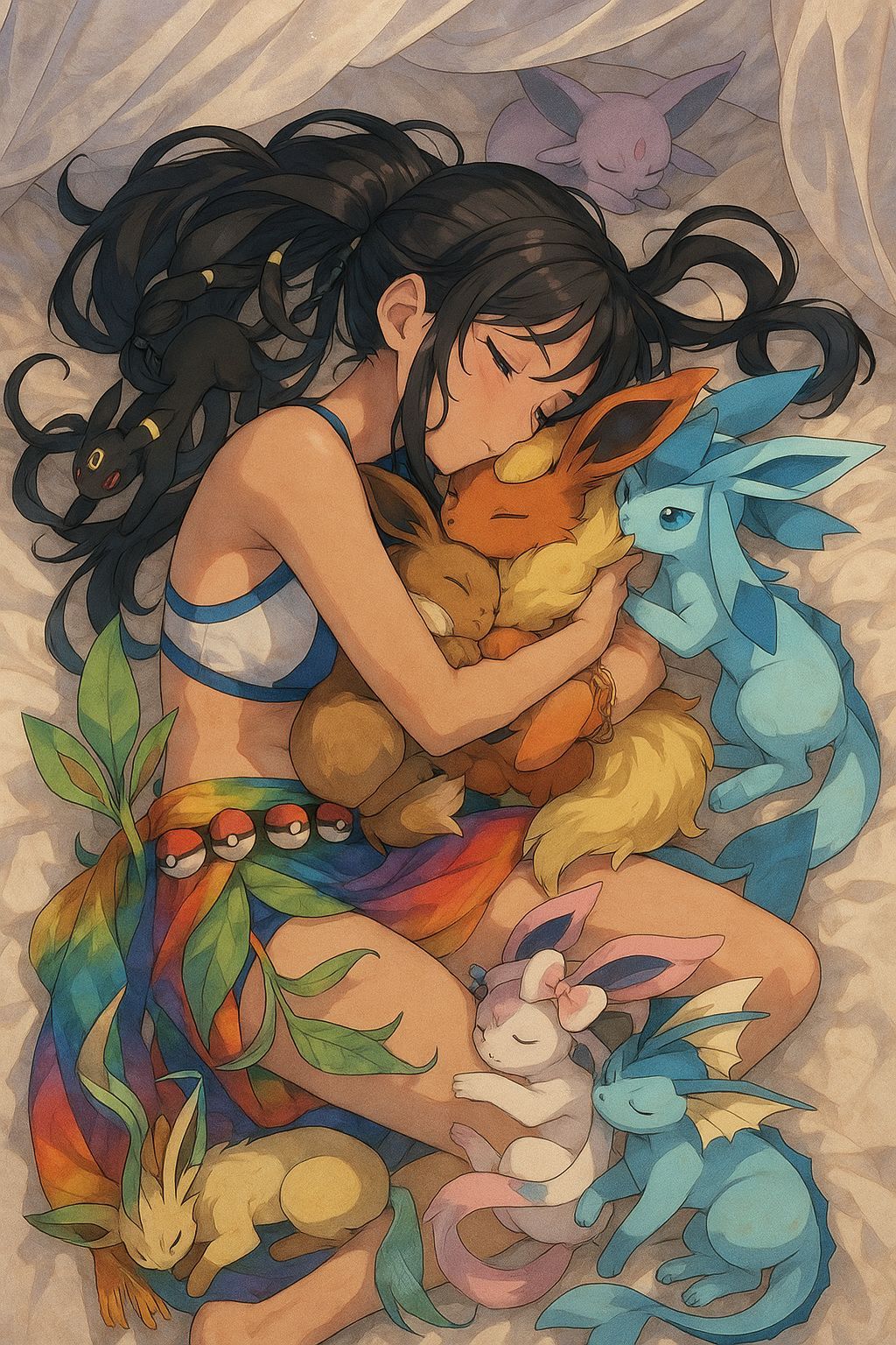 Anime Girl Snuggling Eevee and Evolutions