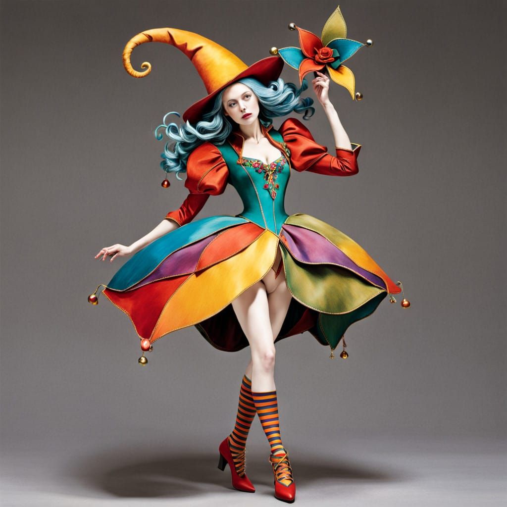 Whimsical Female Jester in Vibrant Harlequin Suit