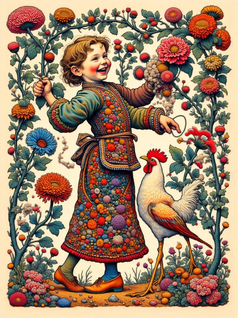Joyful Handstand Boy Meets Chicken in Whimsical Jacquard Art