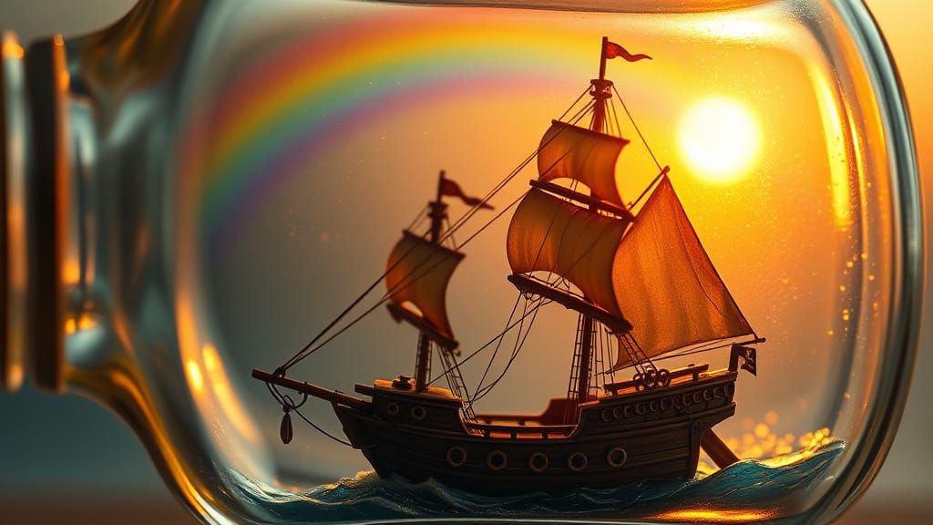 Pirate Ship Sails Through Vibrant Rainbow in Miniature Glass...