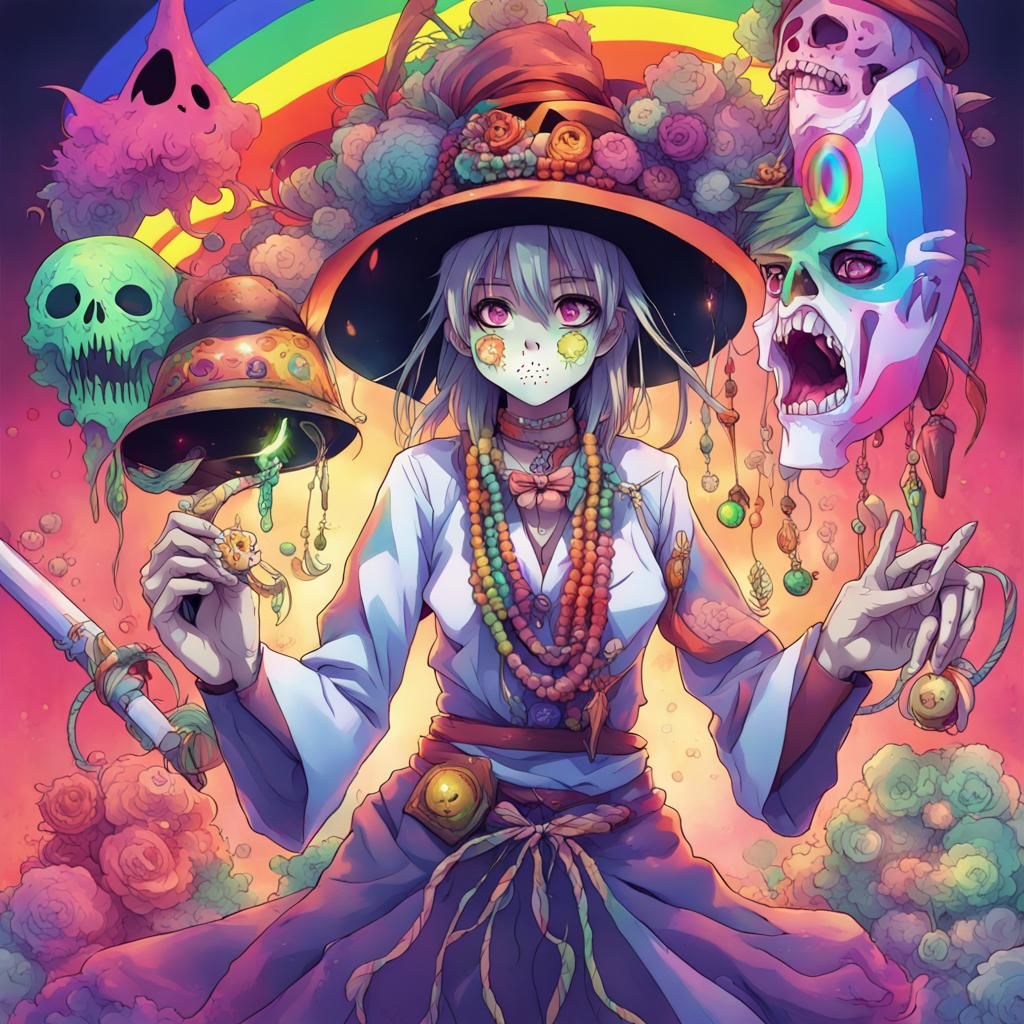 Anime Witch Doctor Under Trippy Rainbow