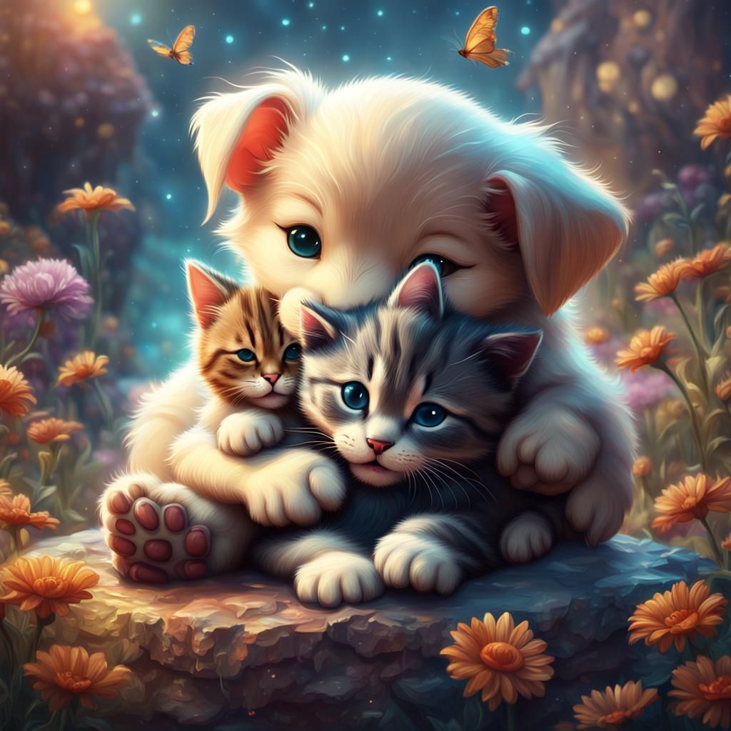 Adorable Kitty and Puppy Hugging: Fantasy Concept Art
