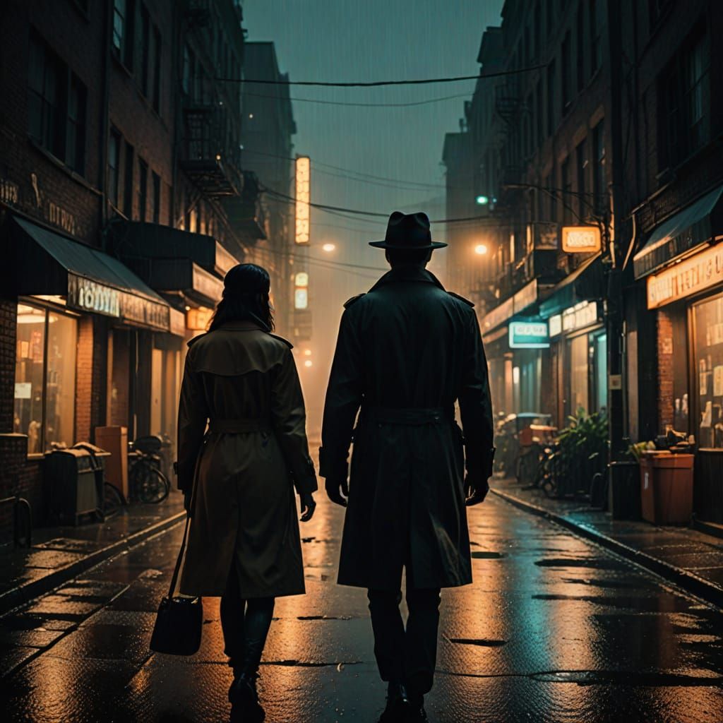 Rainy City Alleyway, Detective and Girl in Cinematic Film St...