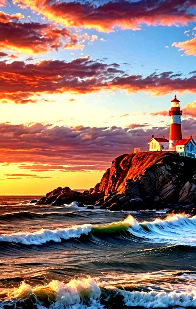 Coastal Lighthouse at Sunset, Hyperrealistic Seascape