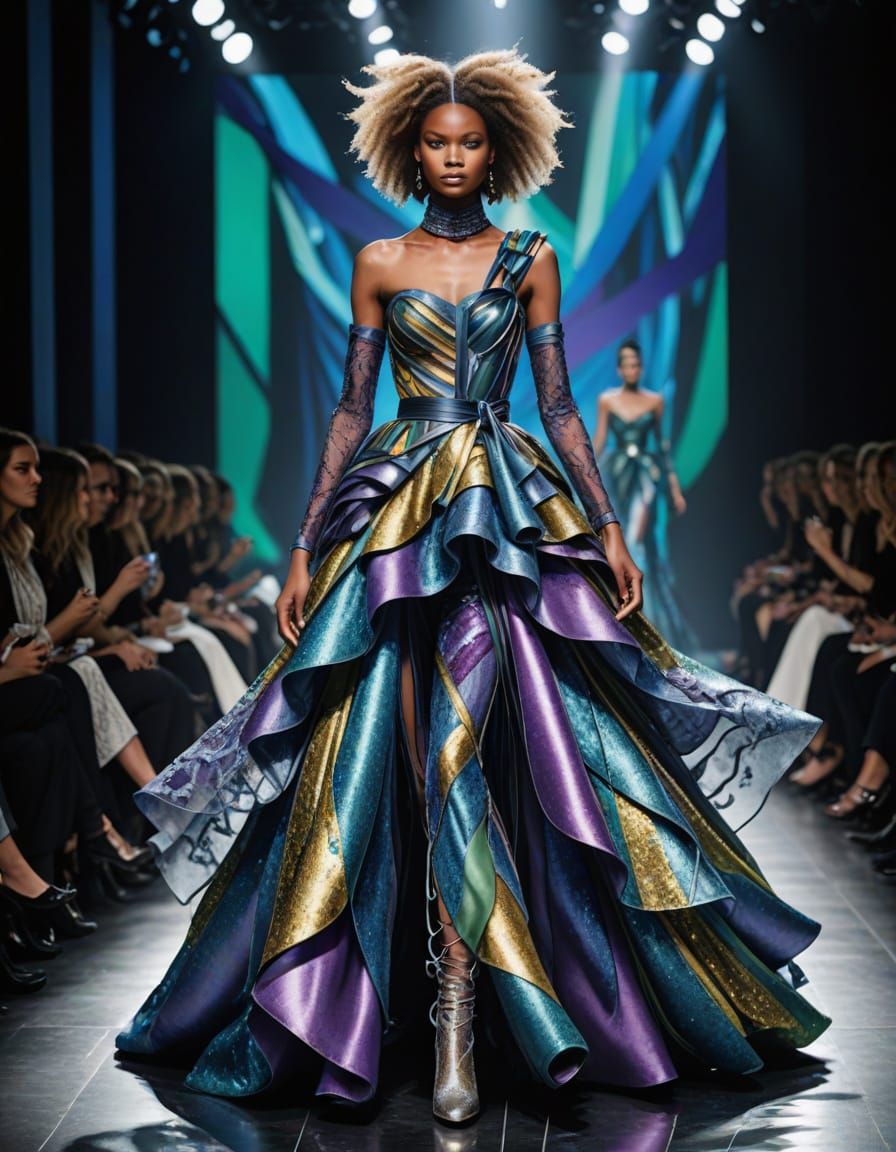 Tall Model Wears Whimsical Ball Gown in Paris Runway Scene