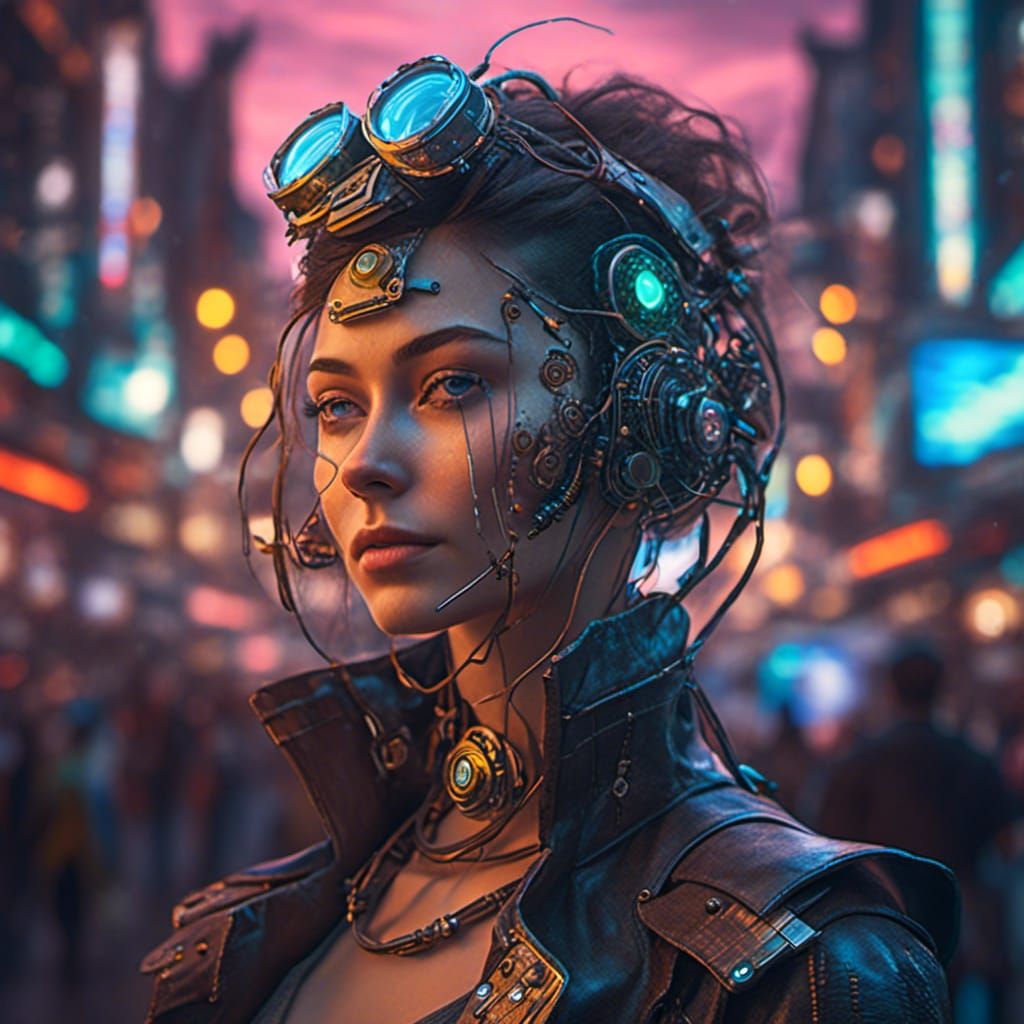 Cyborg Woman in Bioluminescent Cyberpunk City