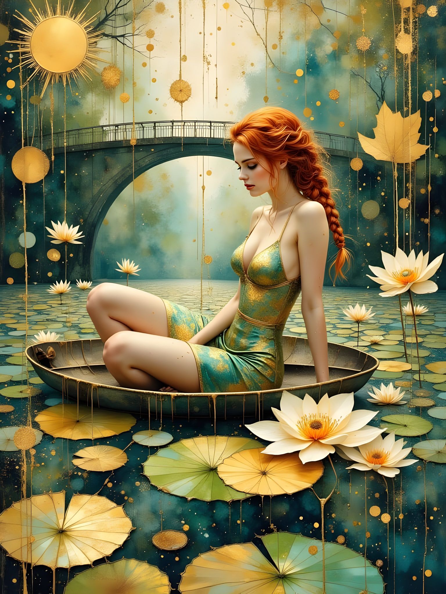 Redhead Posing on Lily Pond in Art Nouveau Style