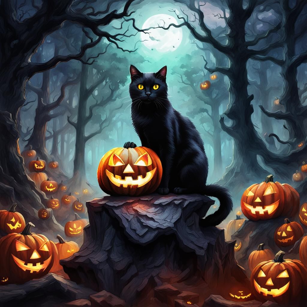Black Cat on Jack-o'-Lantern in Watercolor Forest