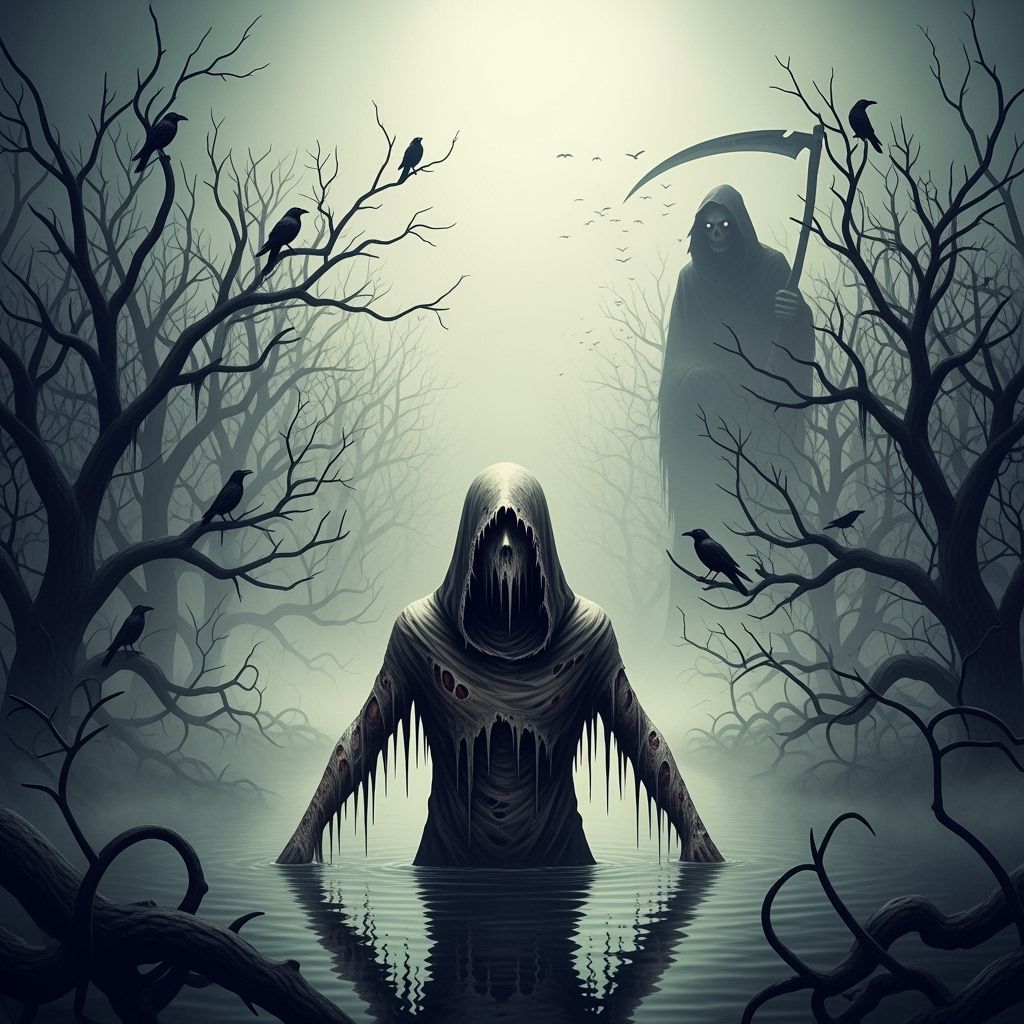 Hooded Figure in Mist: A Surreal Horror Scene