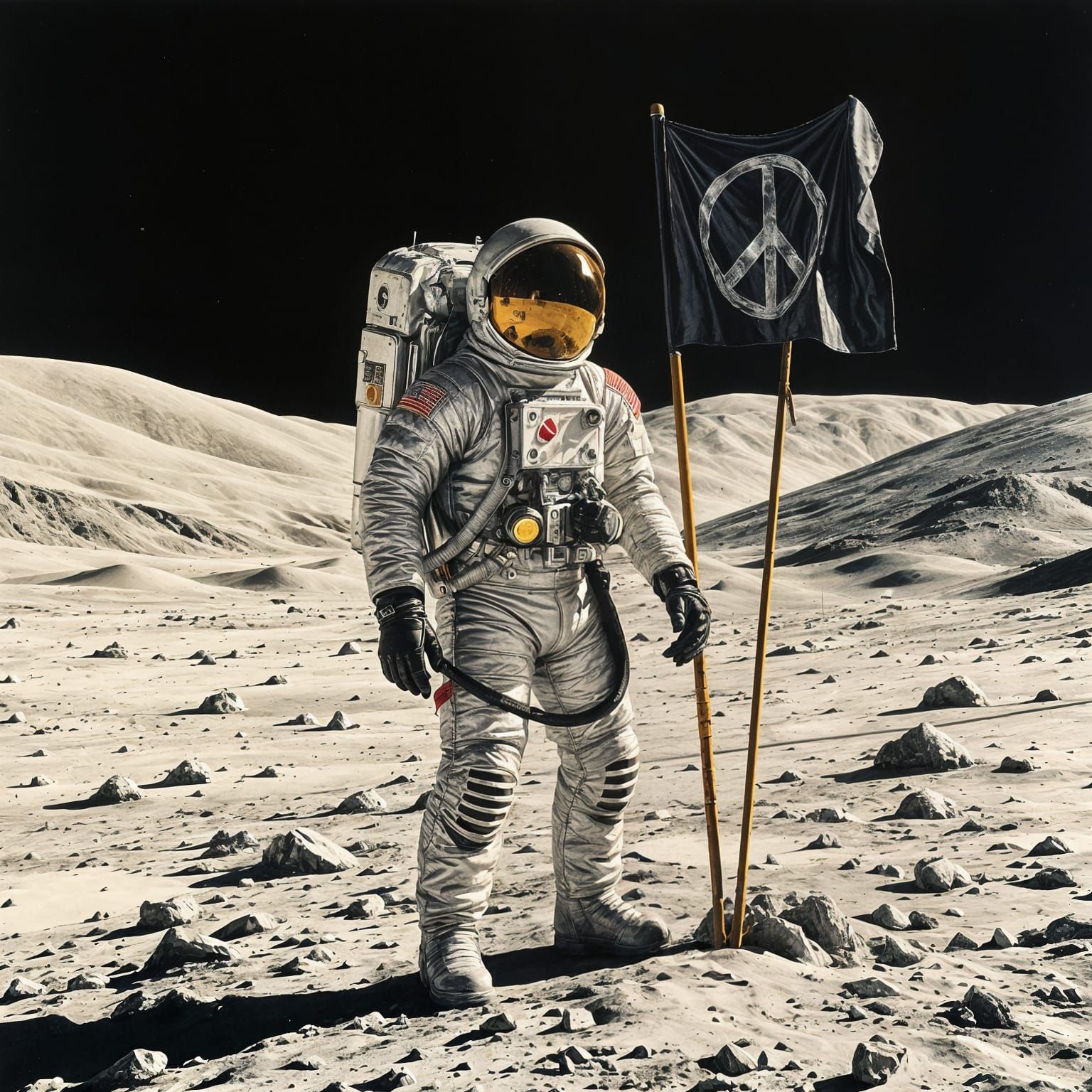 Astronaut Plants Peace Flag on the Moon's Barren Crater Land...