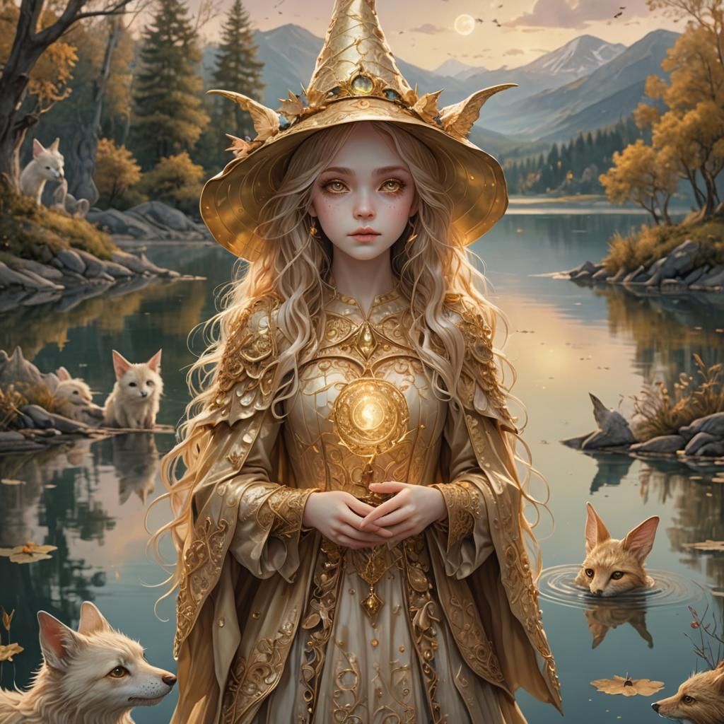 Cute Golden Witch by a Magical Lake