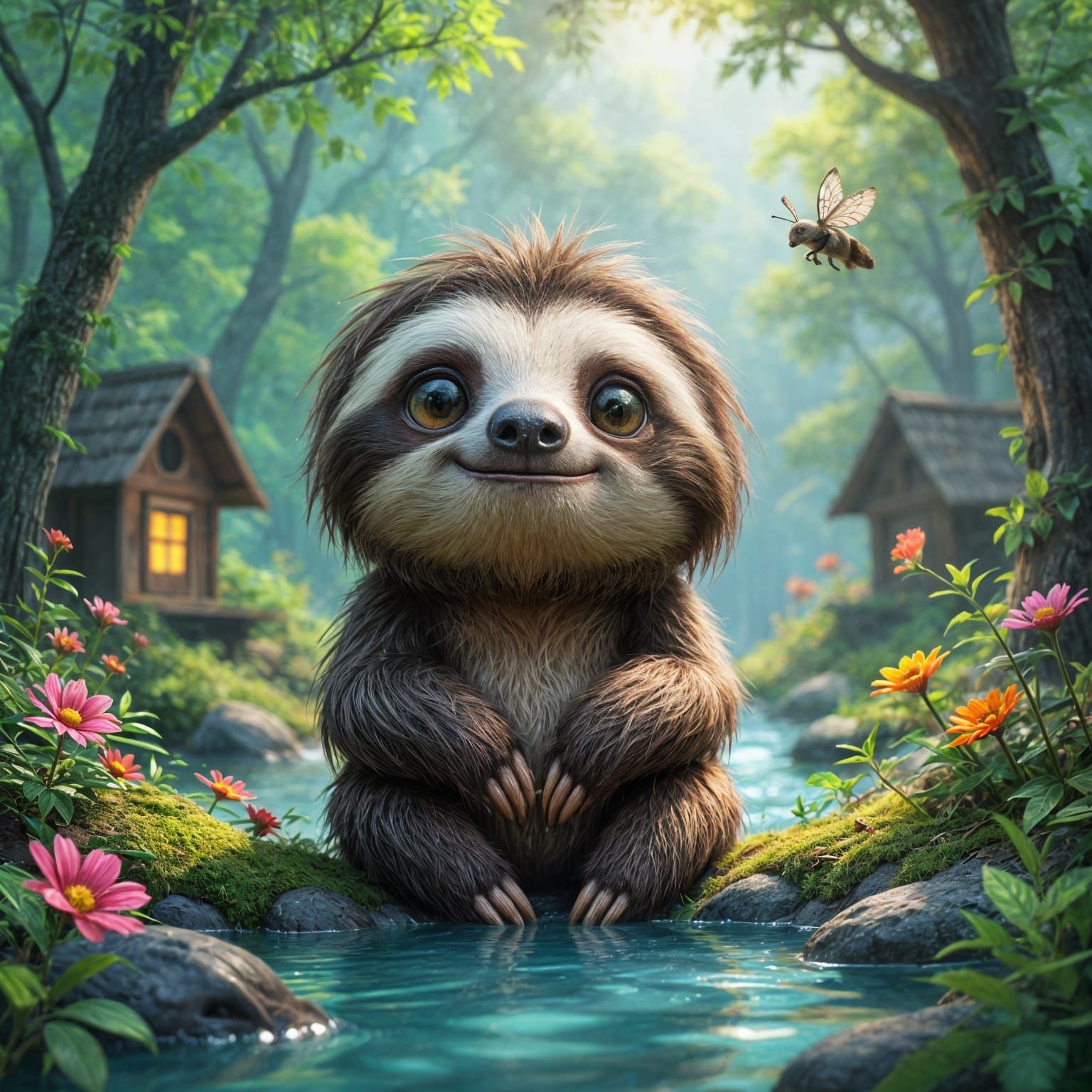 Adorable Chibi Sloth Portrait in Lush Forest