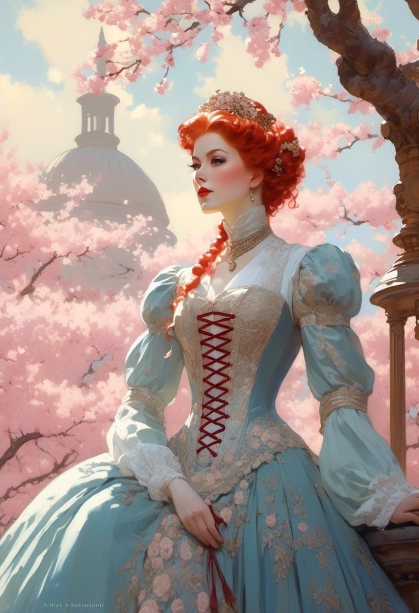Hedge Witch with Cherry Blossoms in Victorian Style
