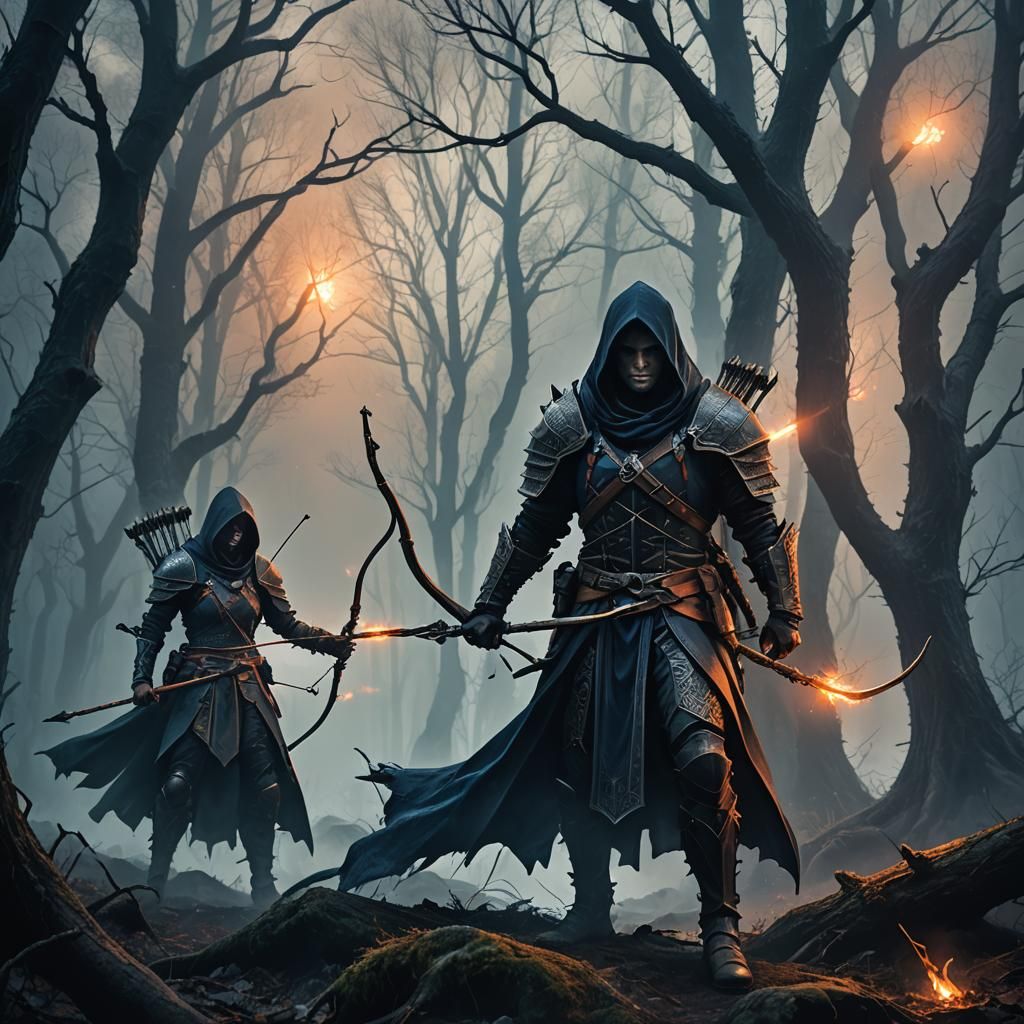 Battle Mages in Misty Forest, Gothic Art
