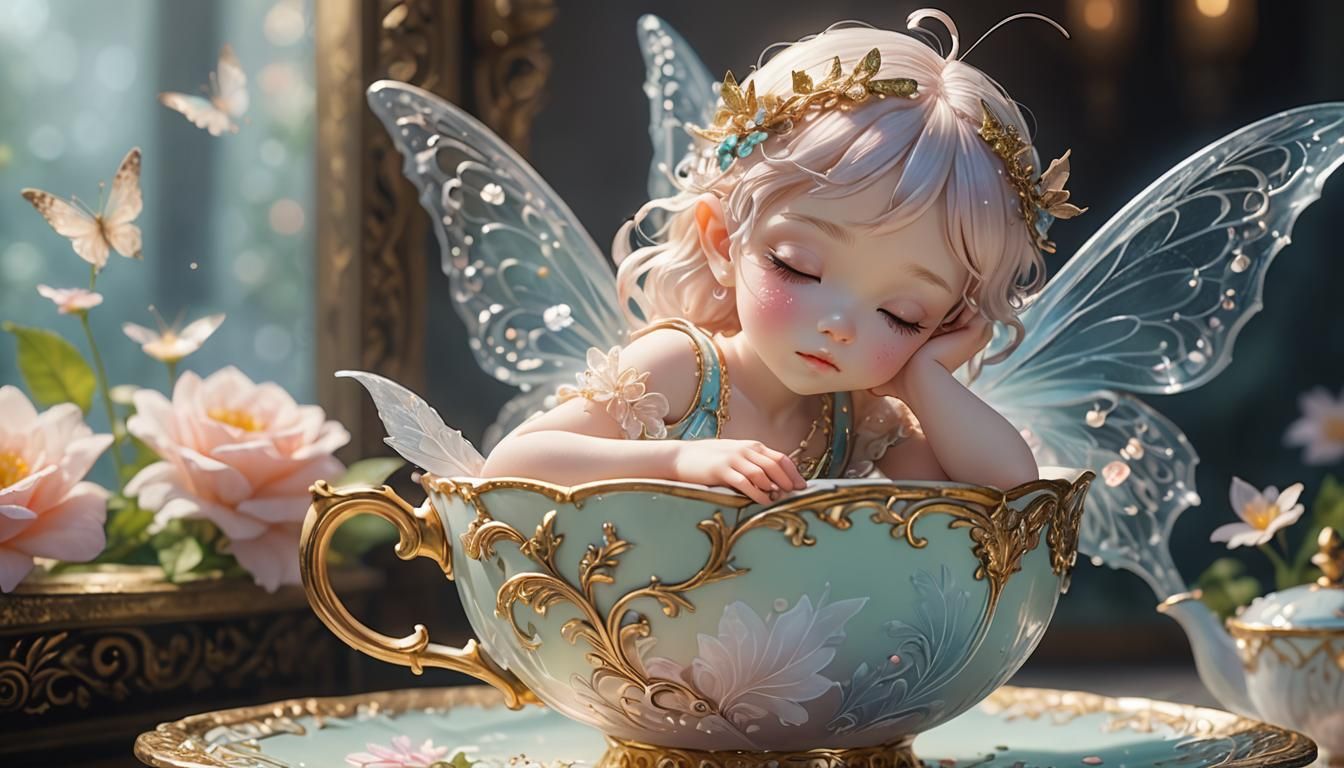 Baby Fairy Asleep on Teacup: Dreamy Anime Art