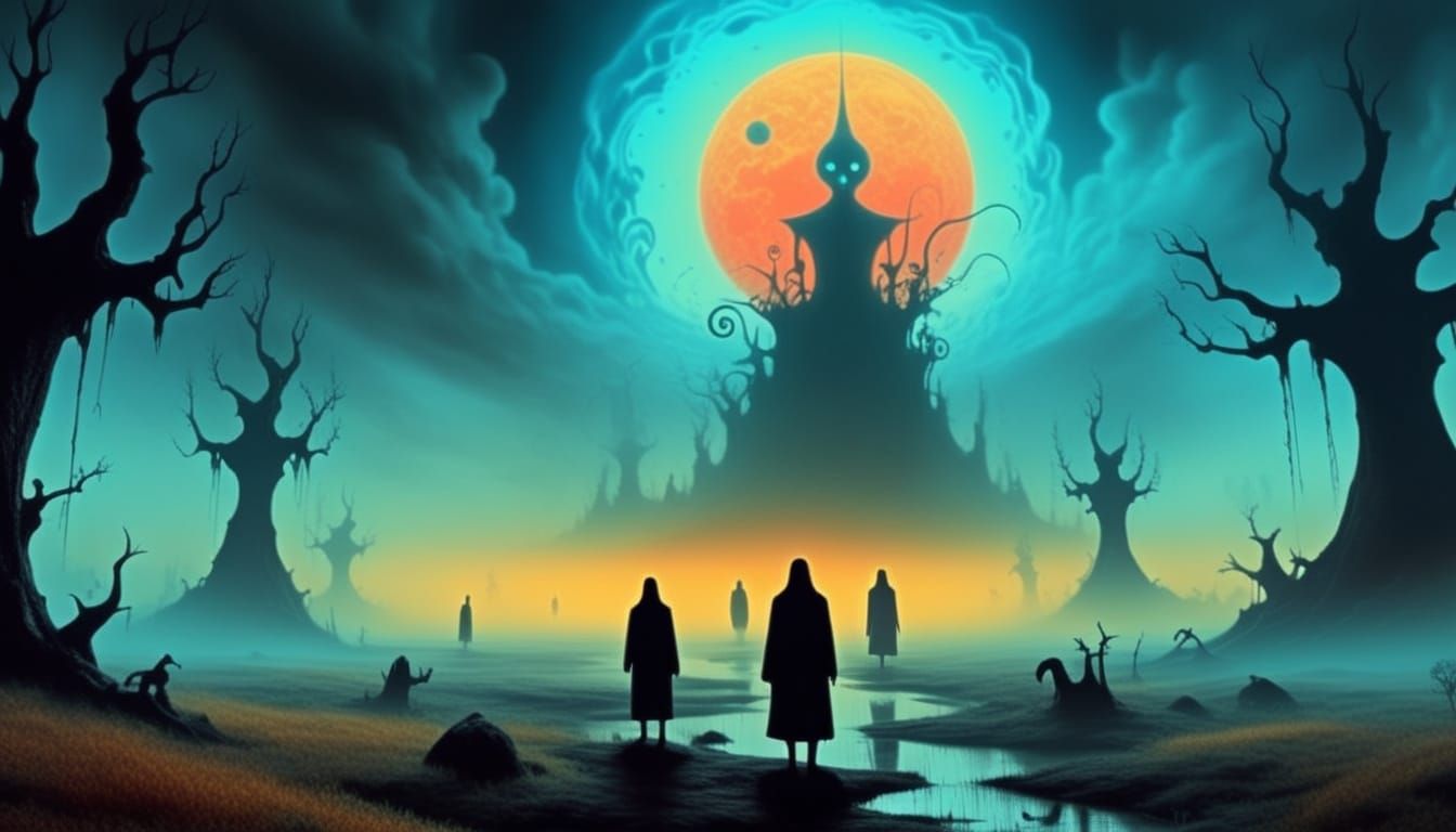 Dreamlike Landscape with Shadowy Figures in Beksiński Style