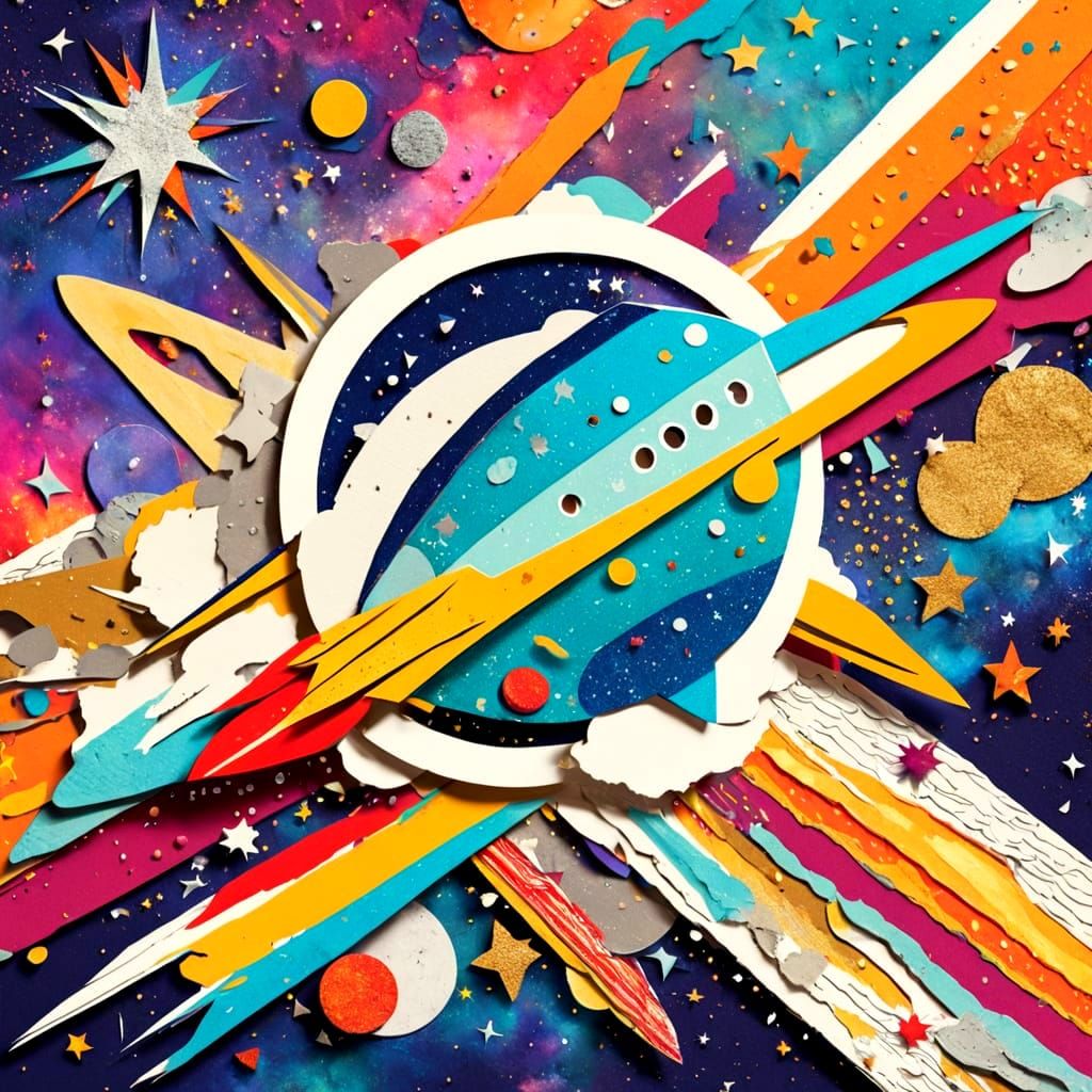 Cosmic Collage Art with Ripped Paper Textures