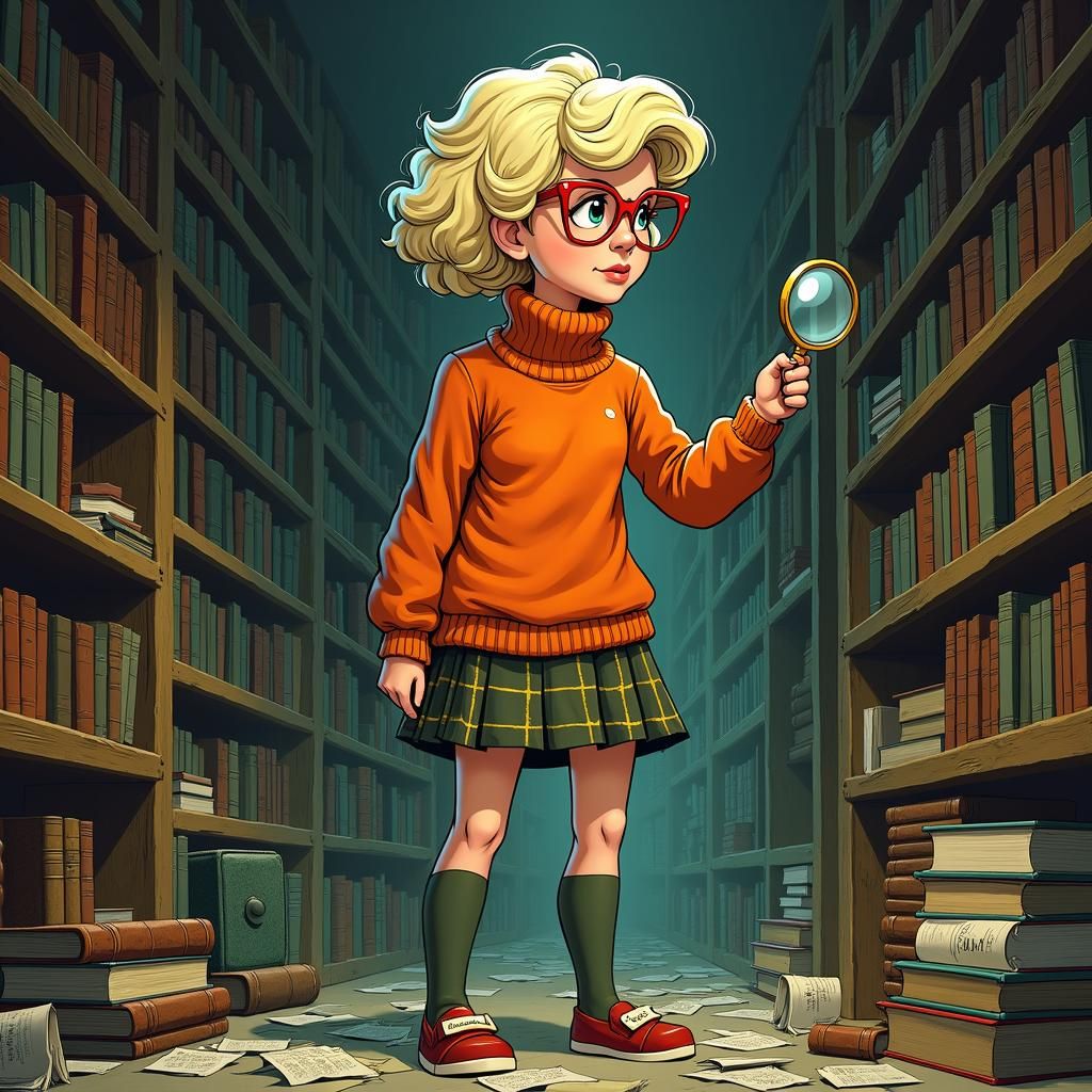 Velma Dinkley in Library, Caricature Noir Style