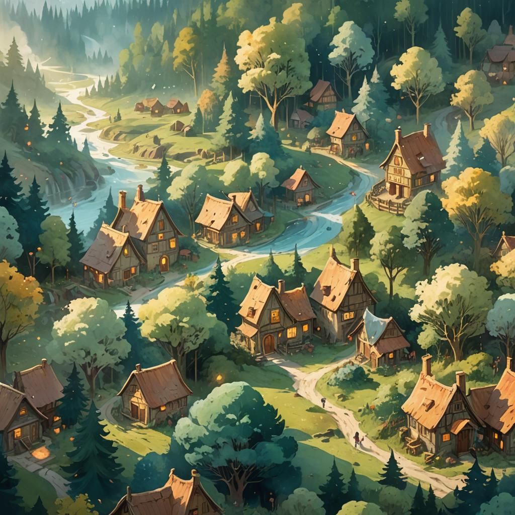 Whimsical Village Lost in Time: Fantasy Illustration