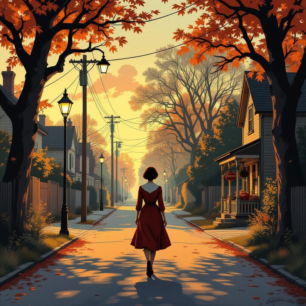 Nostalgic Woman in Vintage Dress, Atmospheric Landscape