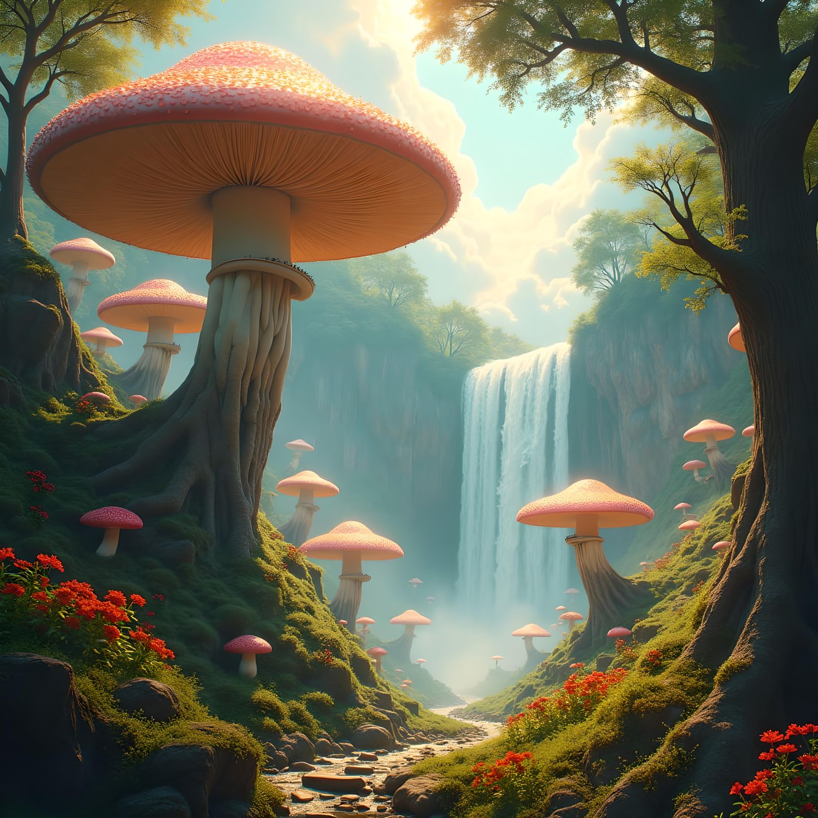 Utopian City with Waterfalls and Divine Sunshine