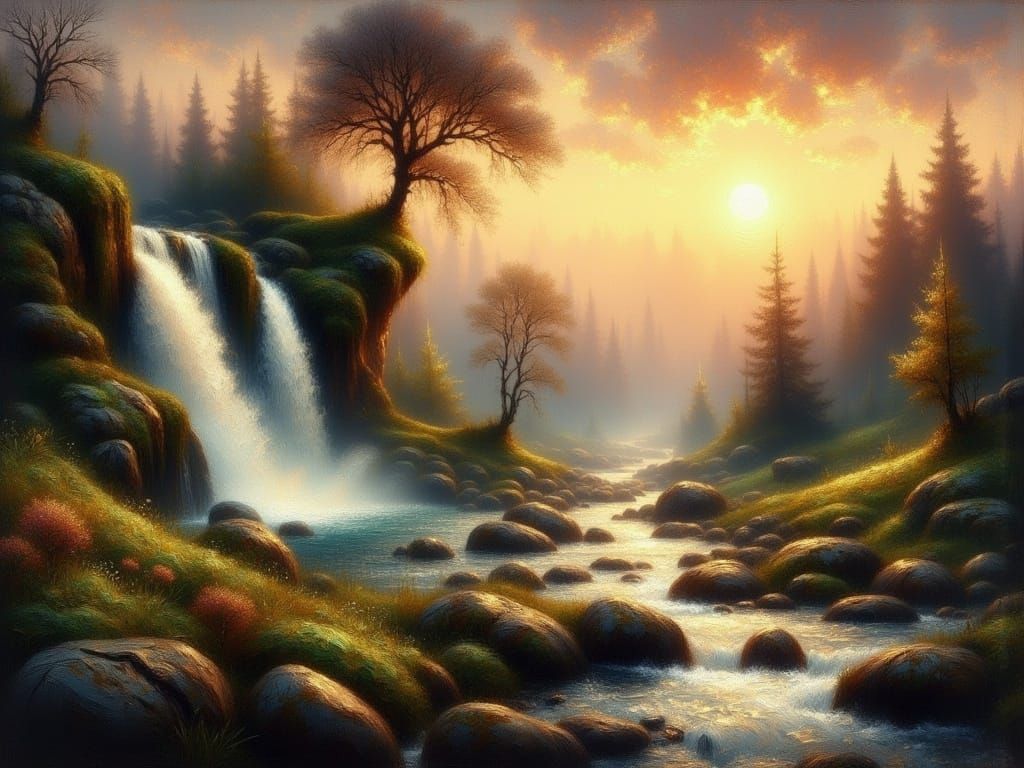 Surreal Sunset Waterfall Landscape in Grungy Impasto Style