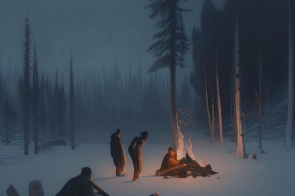 campfire with friends in a snowy winter forest - variation