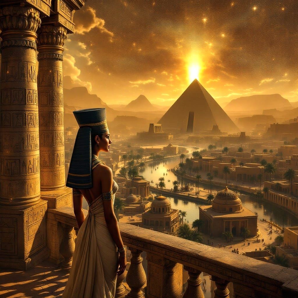 Ancient Egyptian Goddess Reigns Over Golden Nile Panorama