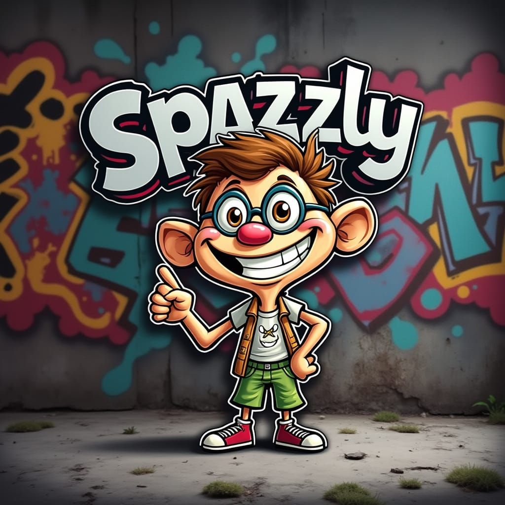 Vibrant Graffiti Mascot Spazzly in a Street Art Scene