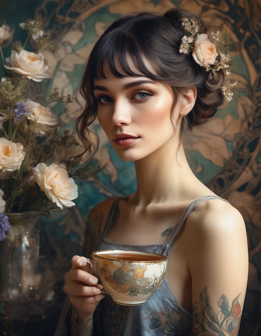 Watercolor Portrait of Tattooed Girl with Tea