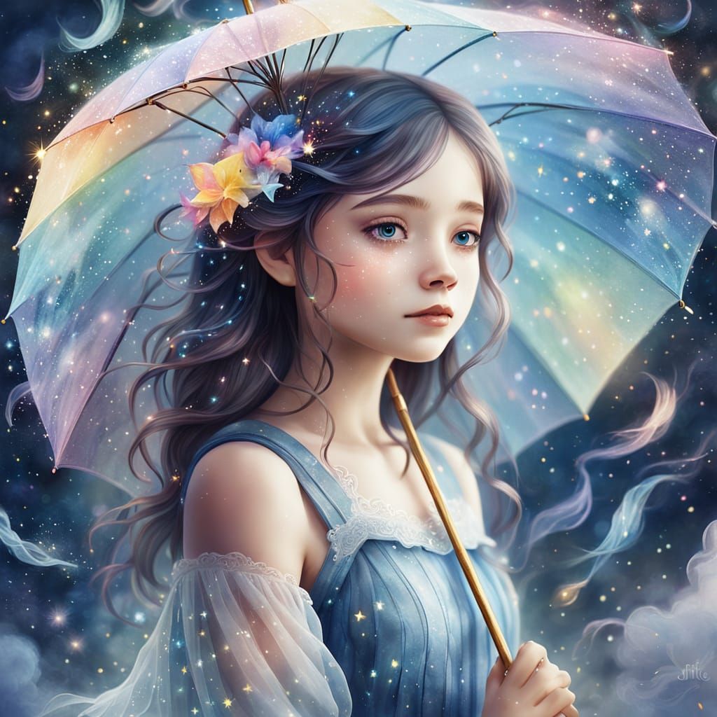 Girl with Magical Umbrella in Watercolor Style