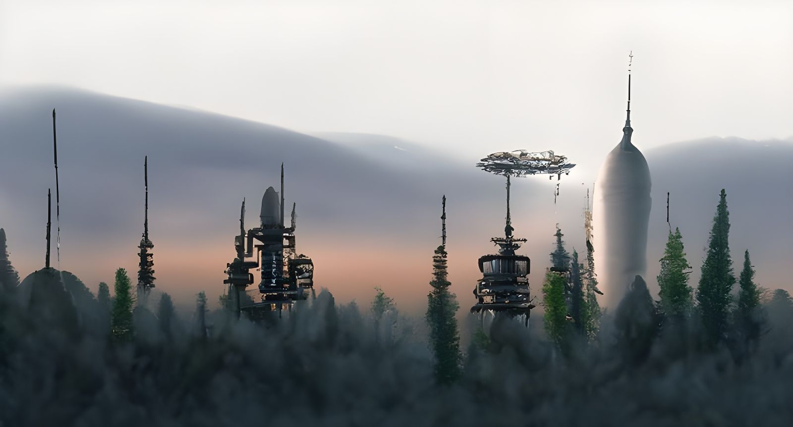 Twilight Space Station on Forest Planet in Cyberpunk Style