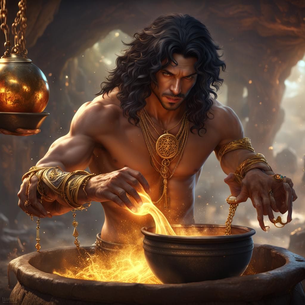 Romani Druid Pouring Potion, Detailed Fantasy Art