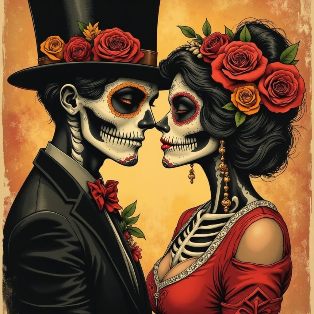 Day of the Dead Couple Portrait in Neo-Traditional Tattoo St...