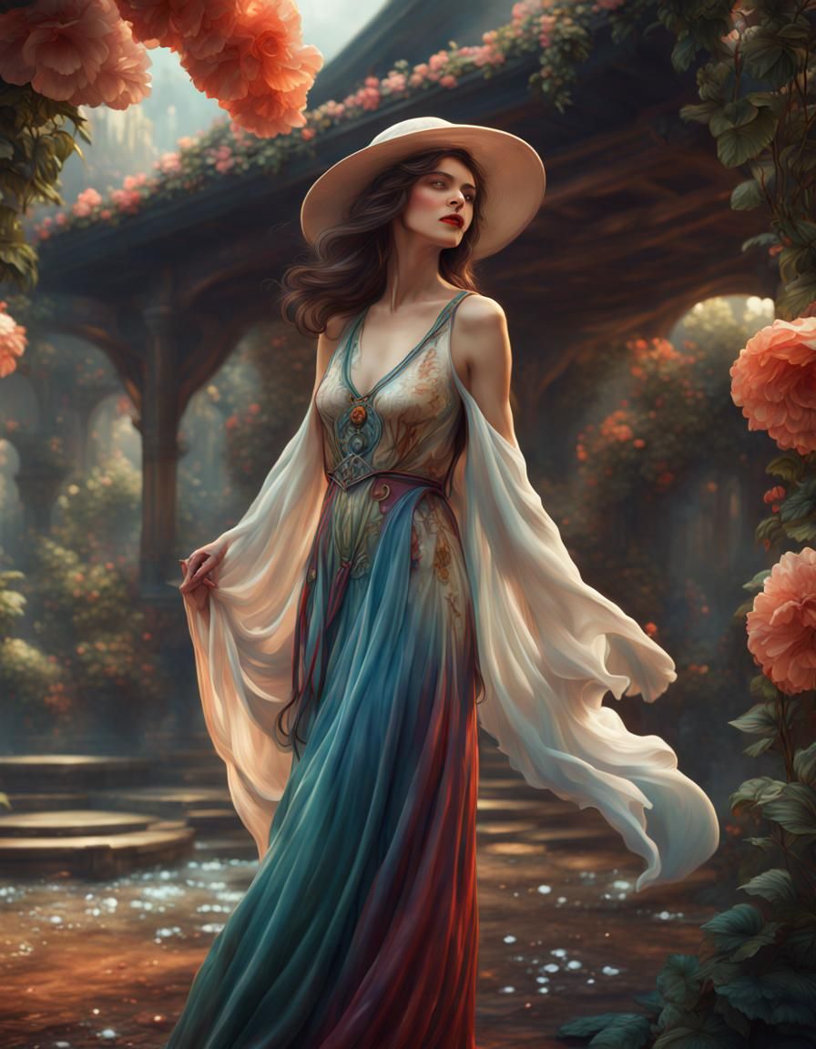 Woman in Flowing Dress with Begonia, Detailed Matte Painting