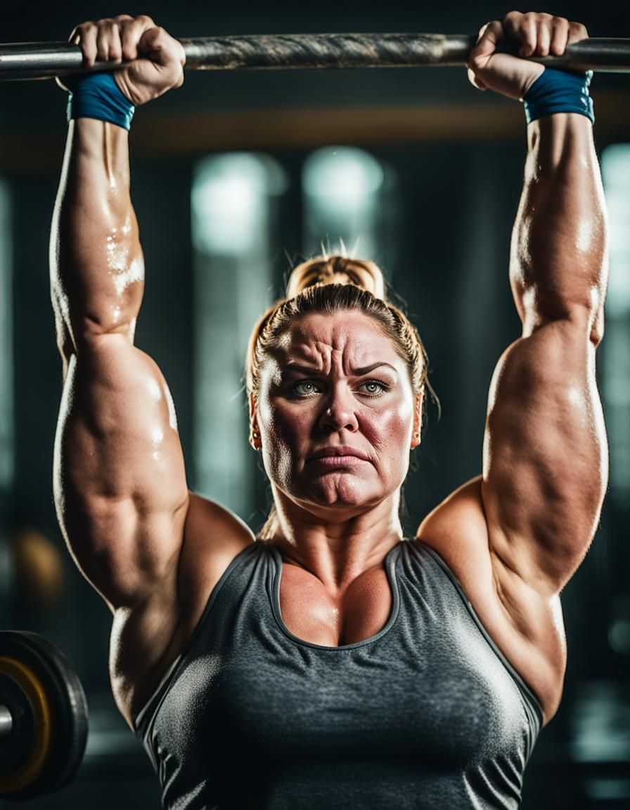 Powerful Plus Size Fitness Model in Painful Moment of Liftin...