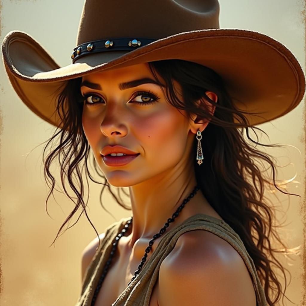 Elegant Woman in Cowboy Hat, Golden Light Portrait