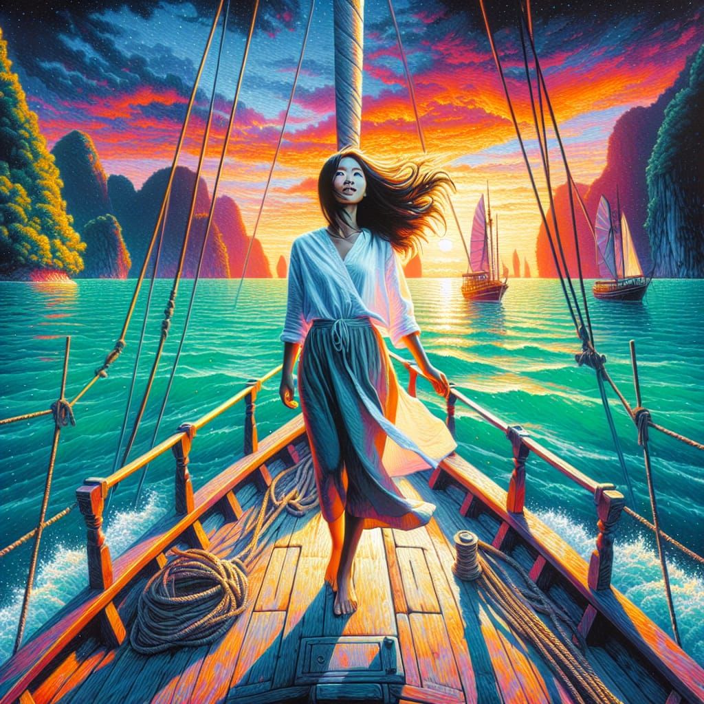 Girl's Joyful Boat Trip at Sunset