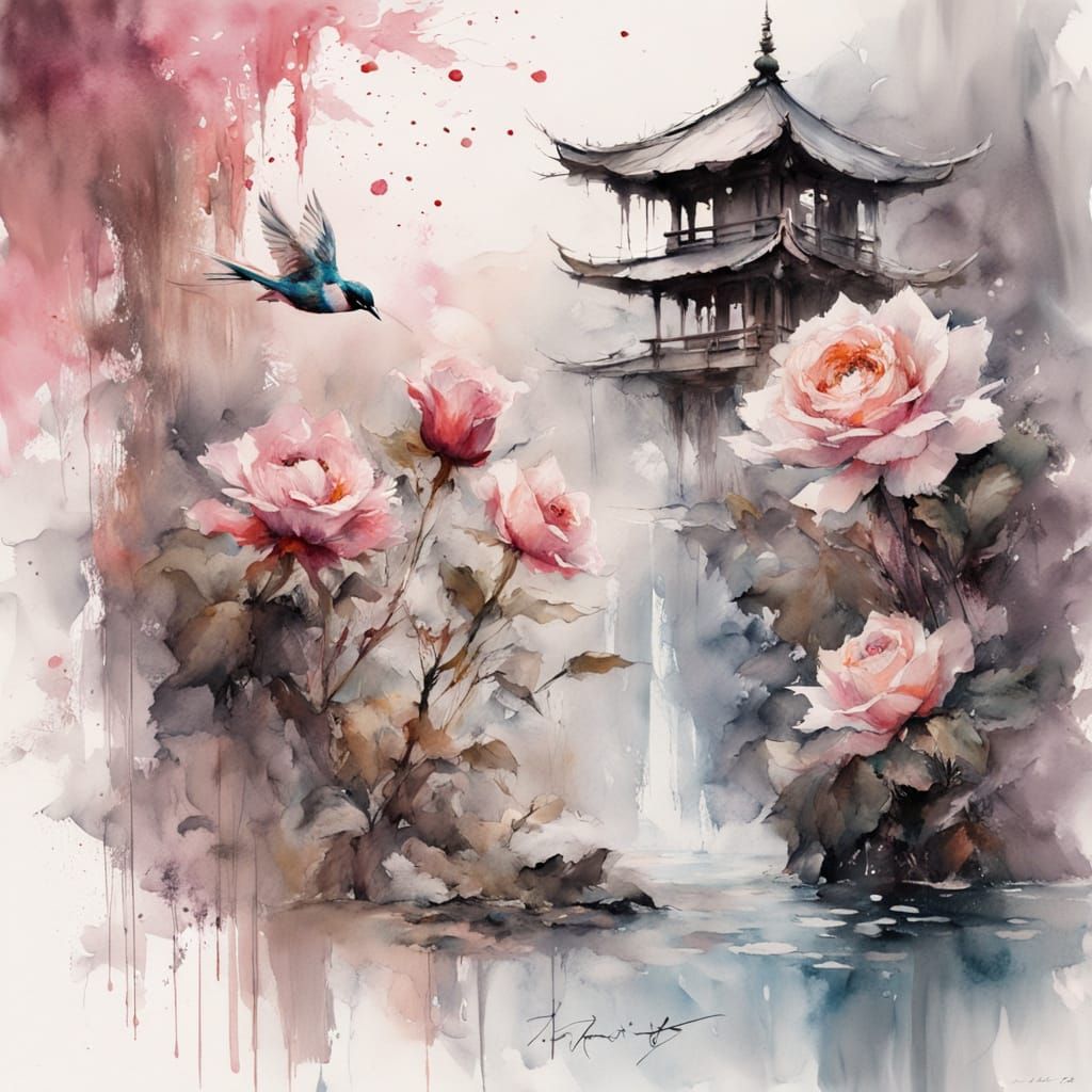 Japanese Pagoda Birdhouse Stamp with Giant Roses