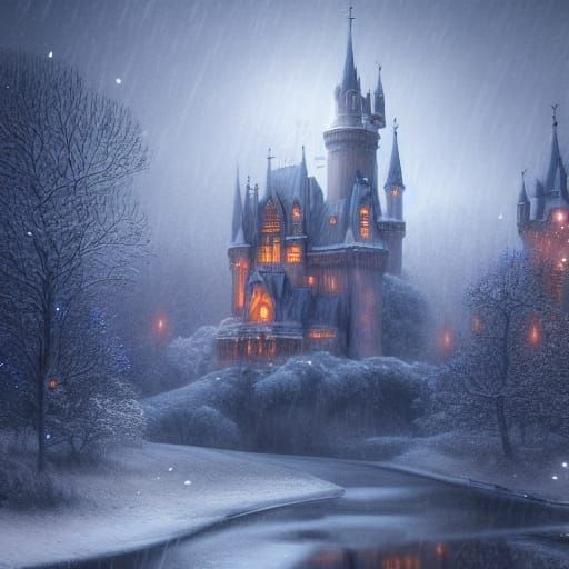 Surreal Snow Castle Reflection: Detailed Matte Painting