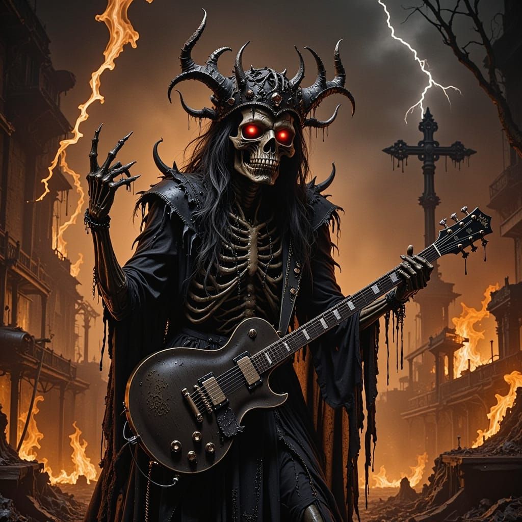Skeletal Demon with Guitar in Fiery Apocalyptic City