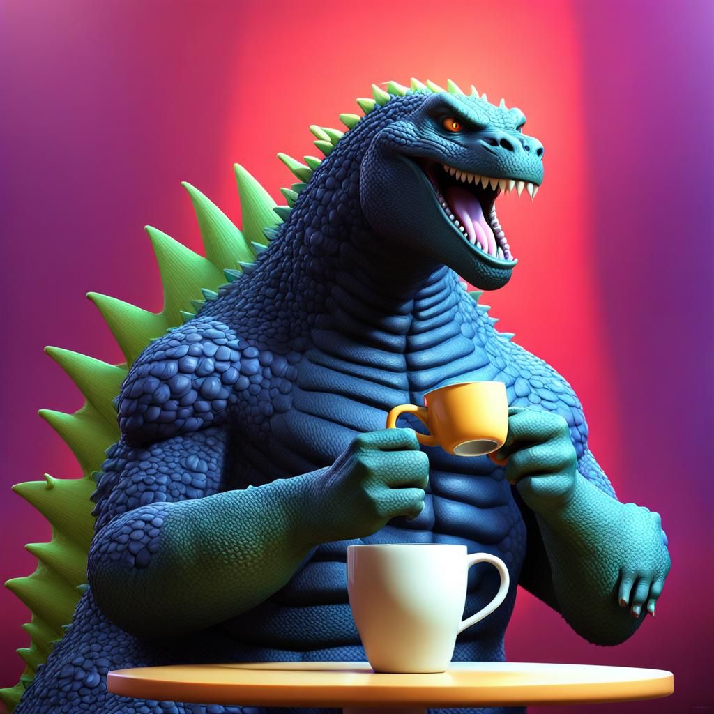 Godzilla's Coffee Break: 3D Digital Art